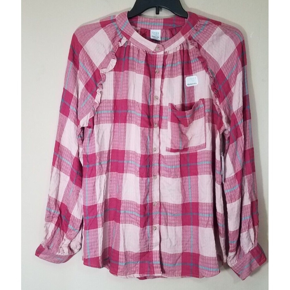 Time and Tru Maternity Button Up Shirt Women‎ Large (12-14) Pink Plaid Top NEW